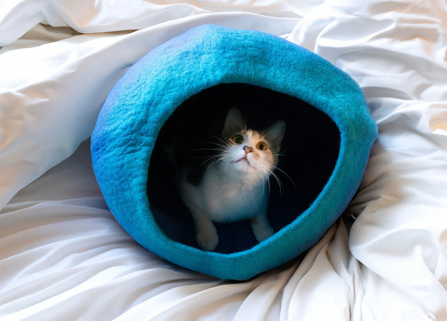 Cerulean Skies Organic Wool Cat Cave - Pet Bed Hover Image