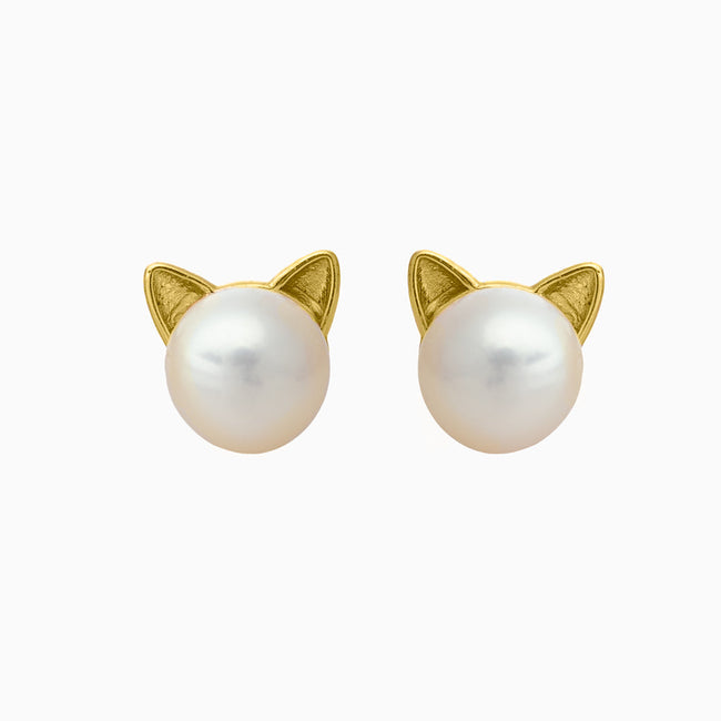 Gold Pearl Cat Earrings Hover Image