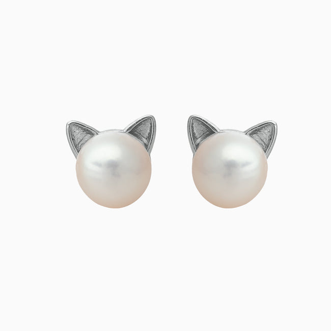 Silver Pearl Cat Earrings Hover Image